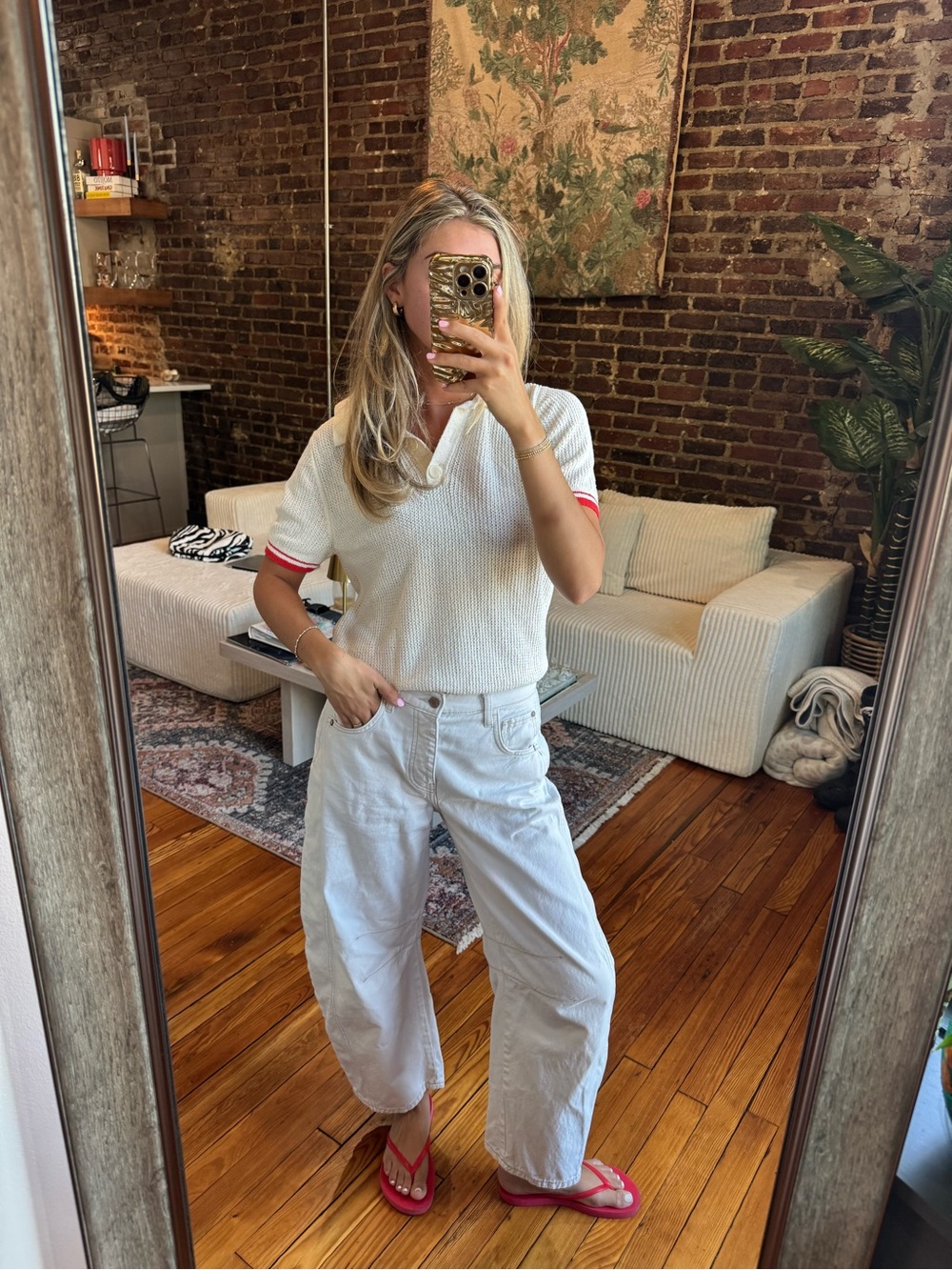 Sandro Cream Knit Top with Red Trim
